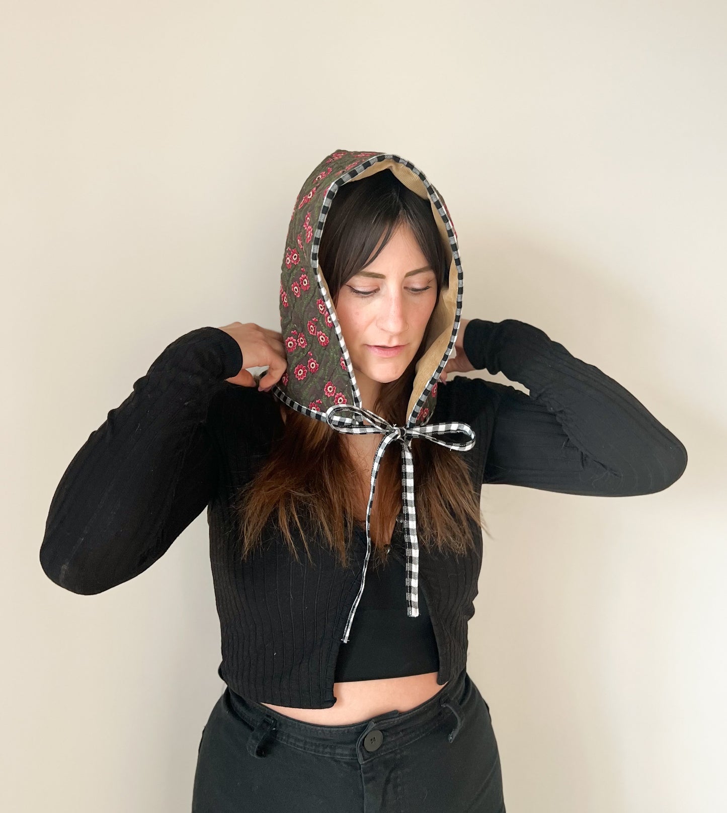 quilted dark floral hood / bonnet