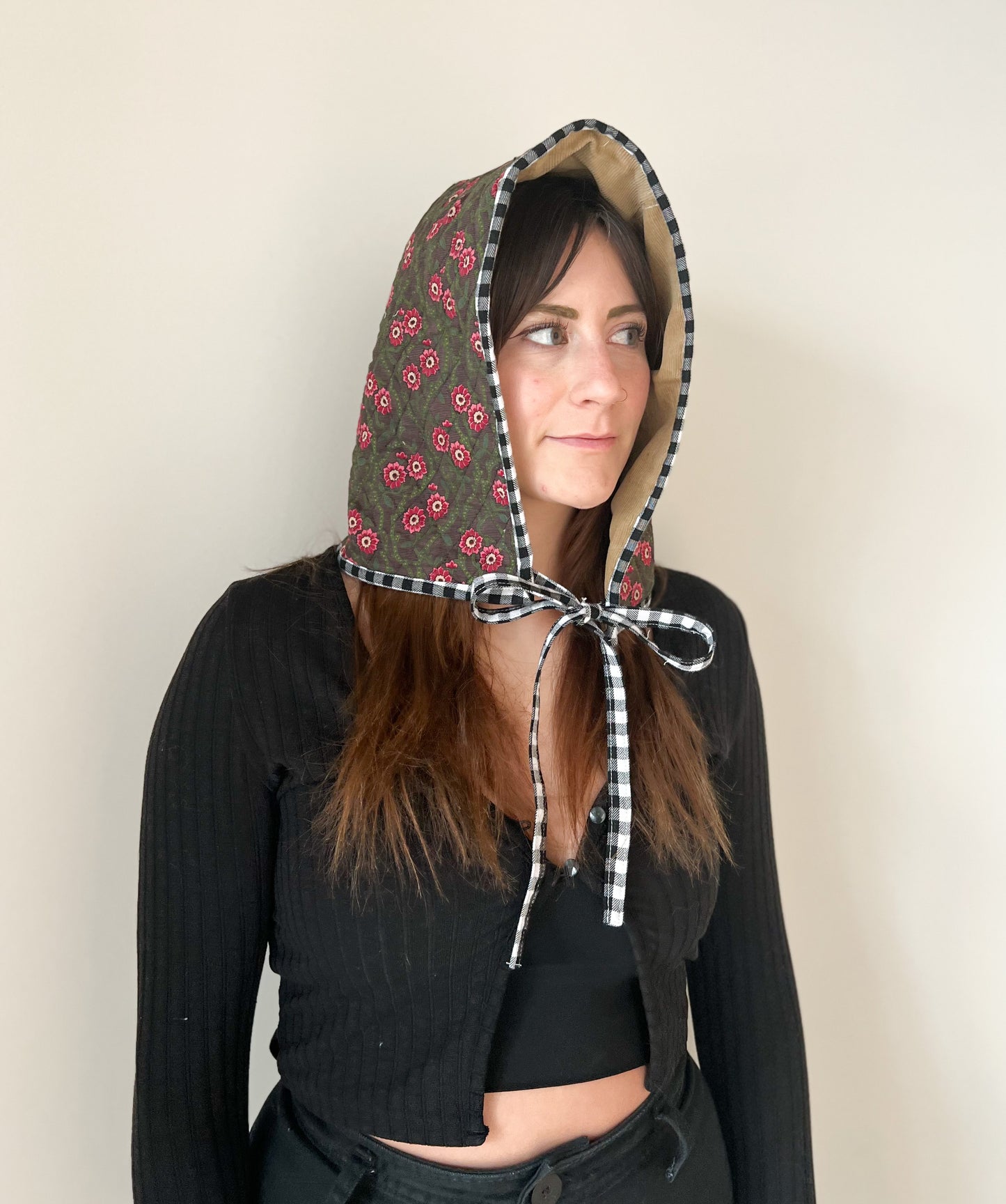 quilted dark floral hood / bonnet