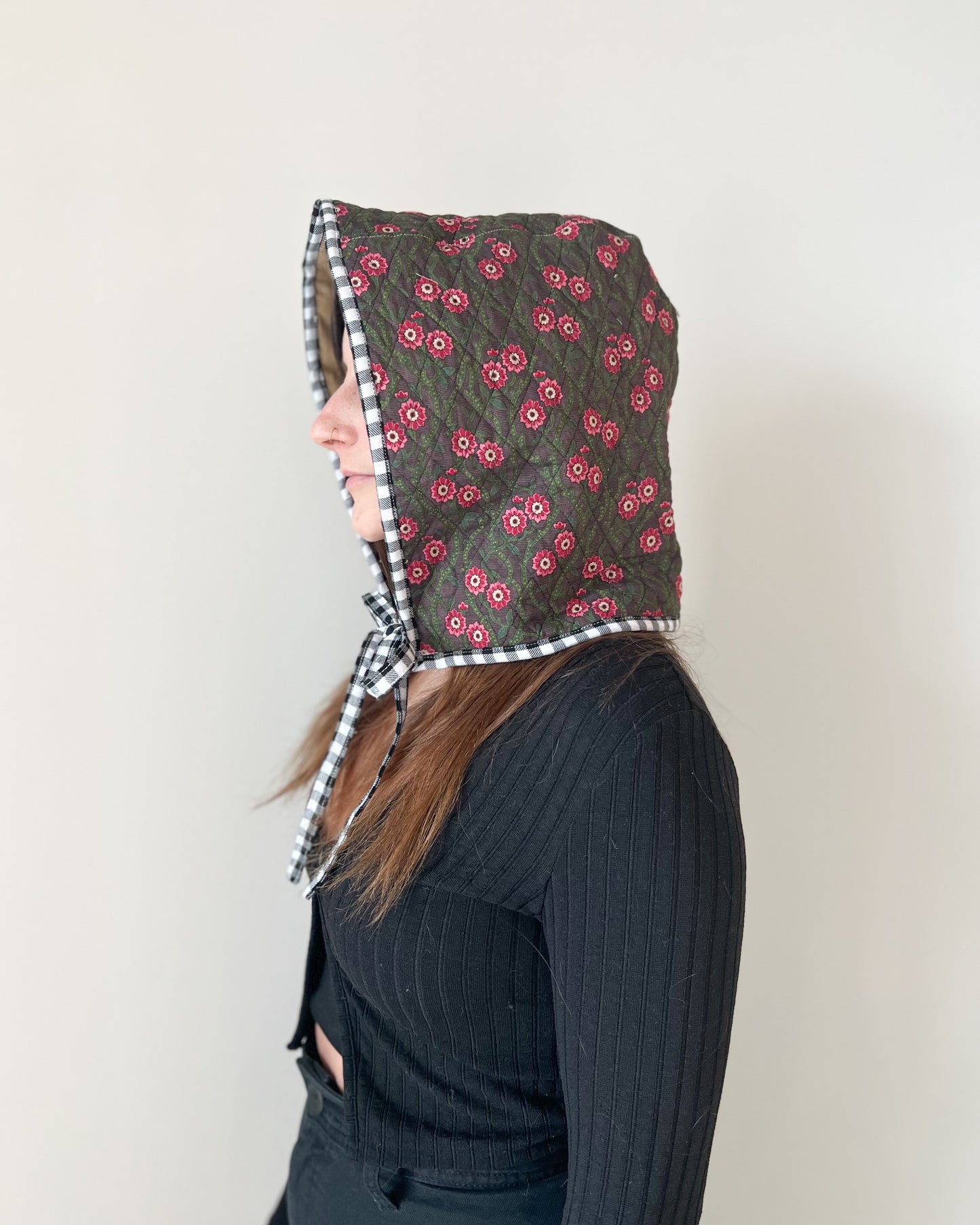 quilted dark floral hood / bonnet