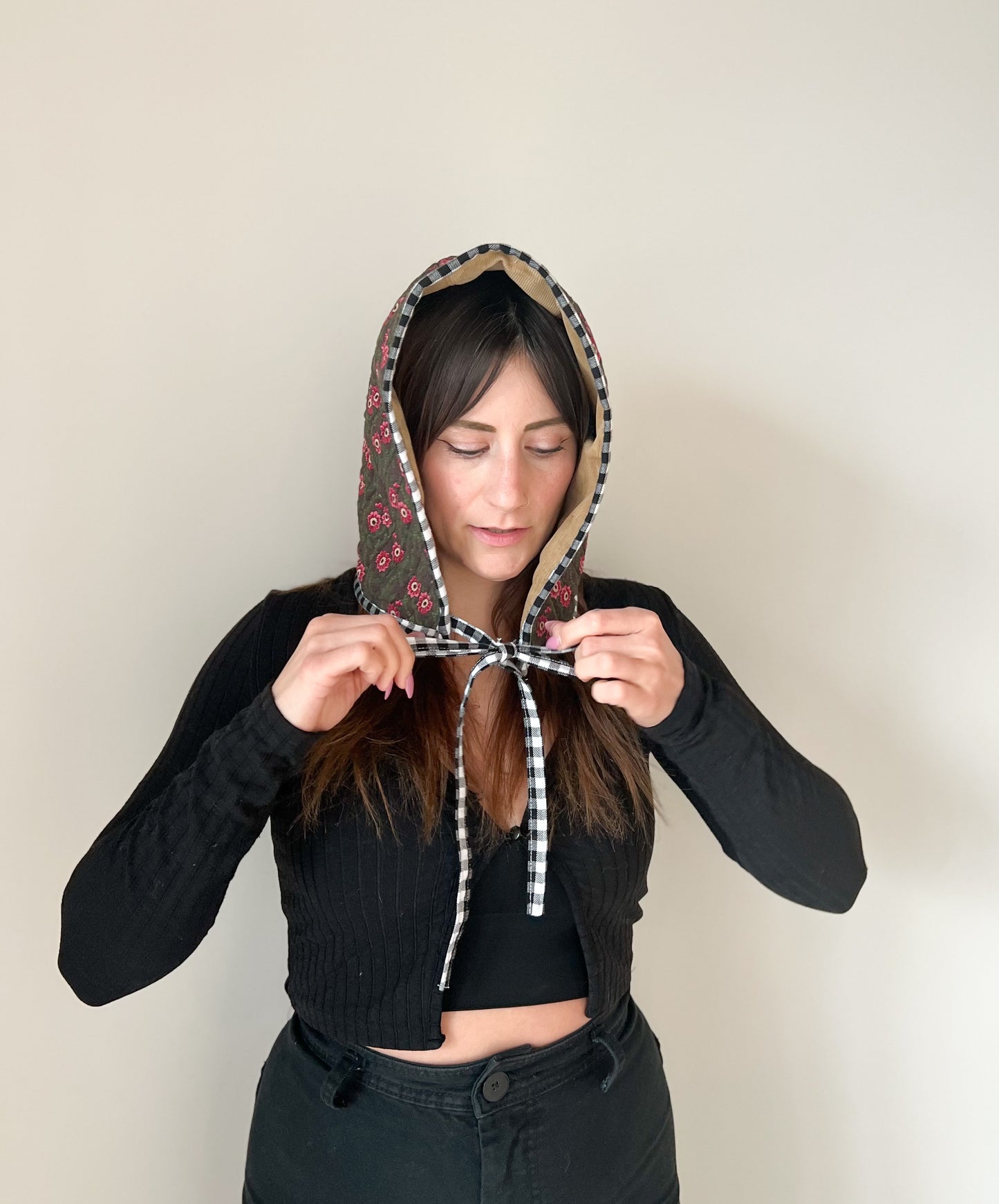 quilted dark floral hood / bonnet