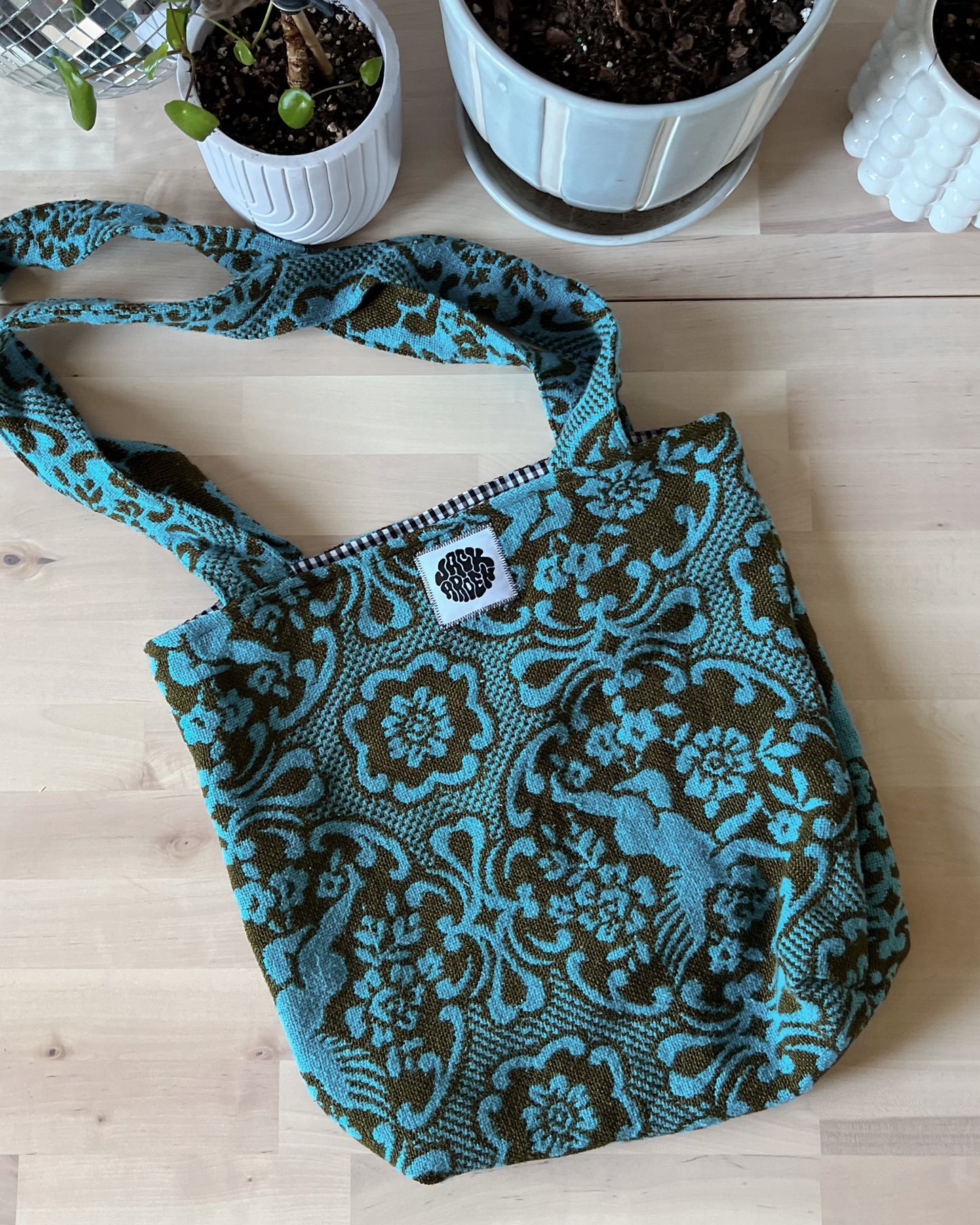 blue and green tote bag