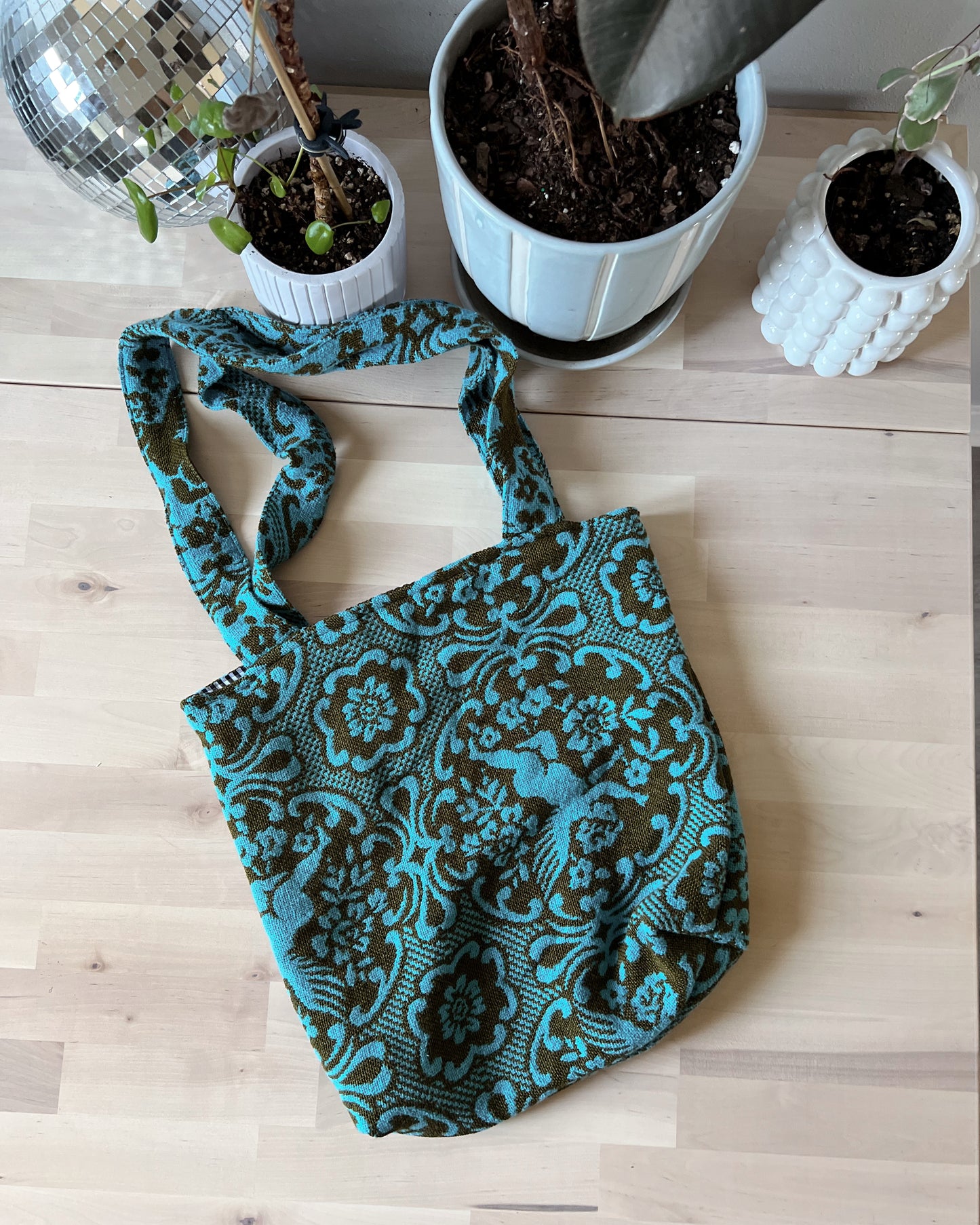 blue and green tote bag